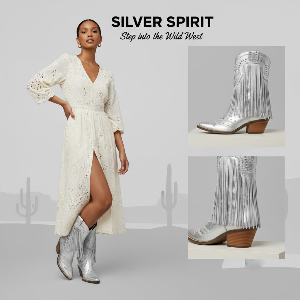 Tuhoomall Western Style Mid Calf Boots with Fringe and Studs - Comfortable Slip-On Design for Parties and Casual Outings Tuhoomall