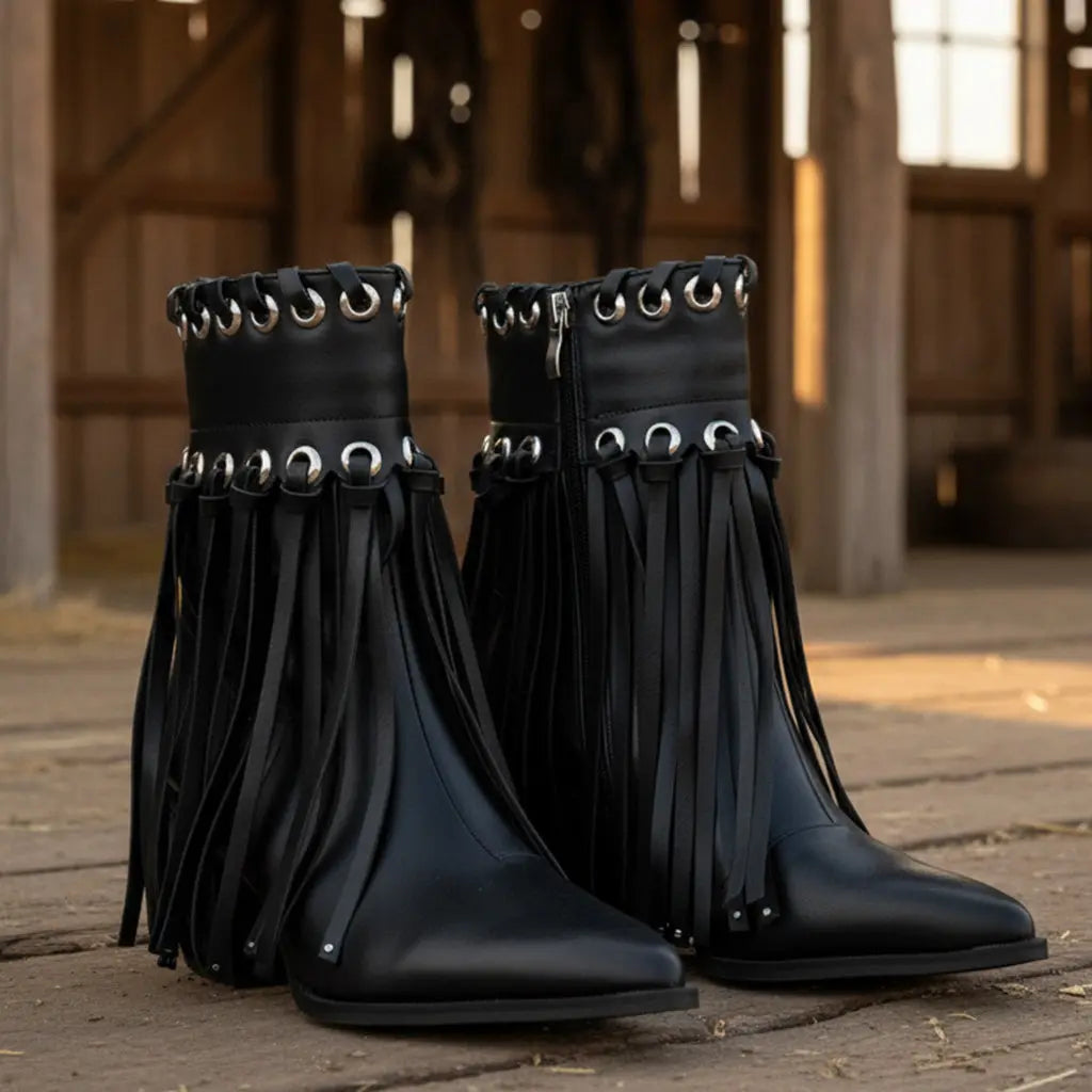 Tuhoomall Western Ankle Boots for Women - Chic Pointed Toe Suede Short Booties with Tassels & Zipper for Fashionable Casual Outdoor Style Tuhoomall