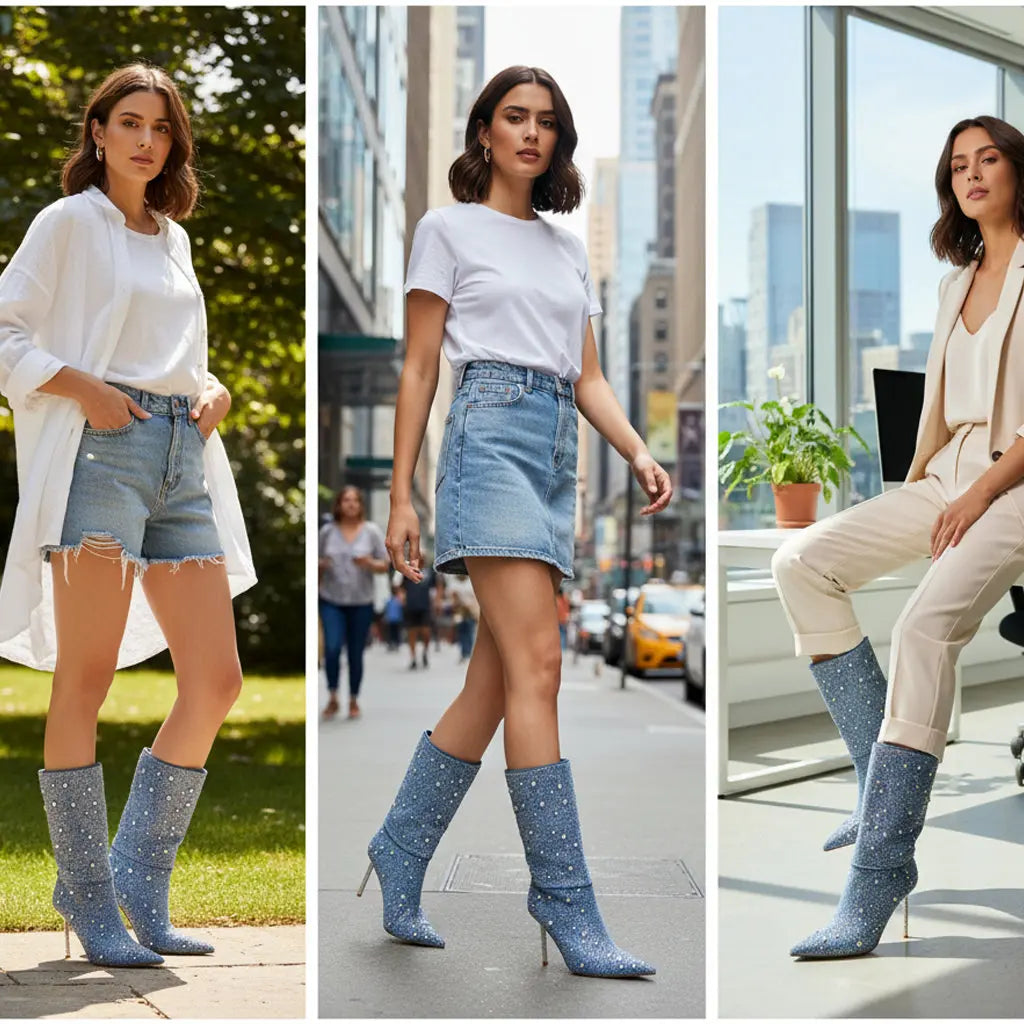 Tuhoomall Denim Blue Stiletto Boots, Chic Pointed Toe, Rhinestone Embellished, Scrunch Design for Parties and Casual Outings, 4.5-Inch Comfortable Heel Tuhoomall