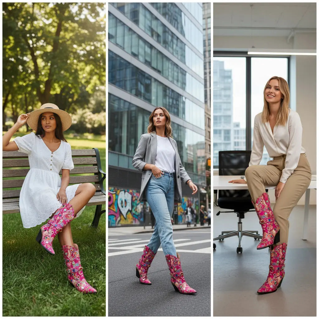 Tuhoomall Western Floral Embroidered Rhinestone Mid Calf Boots for Women, Chunky Heel, Water-Resistant Satin, Stylish for Spring Autumn Winter Tuhoomall