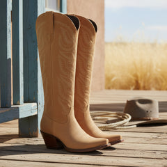 Tuhoomall Western Floral Embroidered Knee-High Cowboy Boots for Women, Chunky Heel Slip-On Design, Stylish Casual and Work Footwear