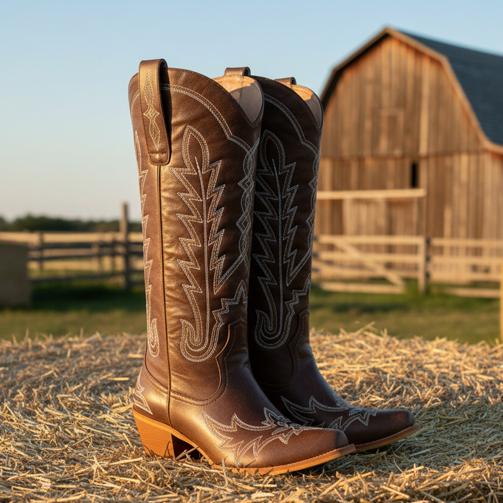 Tuhoomall Embroidered Mid-Calf Ankle Boots for Women | Stylish 5cm Block Heels, Slip-On Design for Parties and Casual Wear Tuhoomall