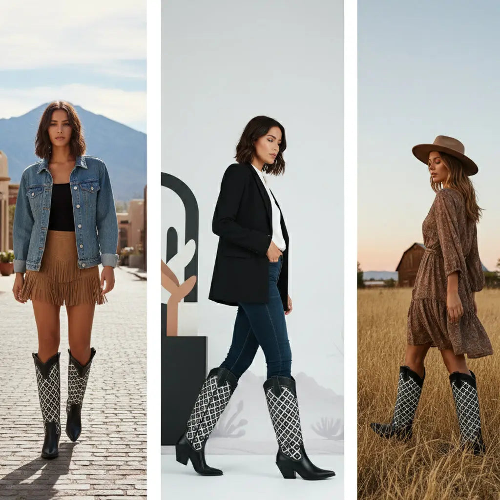 Tuhoomall Western Cowboy Knee High Boots for Fashion, Outdoor, and Casual Wear, Featuring Chic Geometric Patterns and Chunky Heel Design Tuhoomall