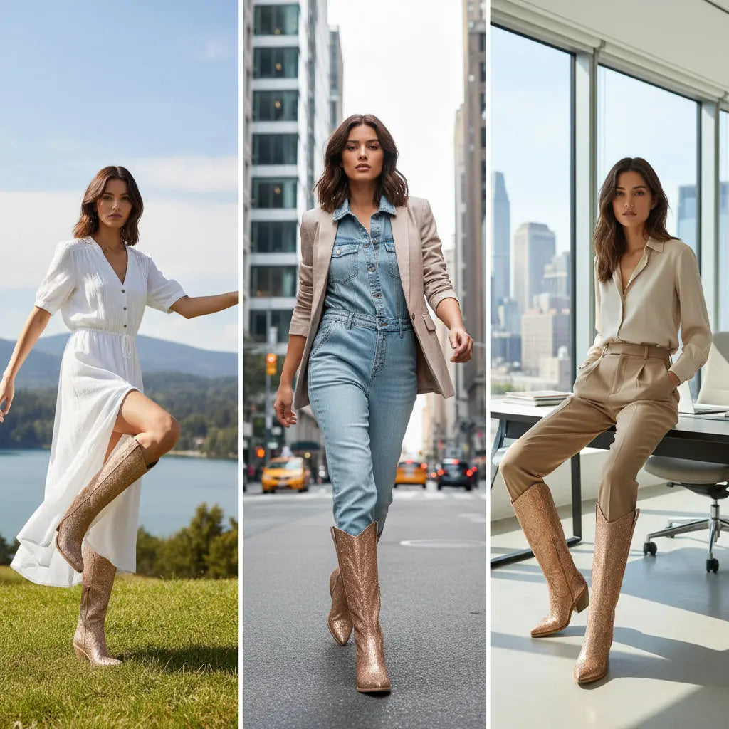 Tuhoomall Rhinestone Western Mid Calf Boots For Women - Chunky Heel & Easy Zip Closure, Stylish For Travel And Weddings Tuhoomall