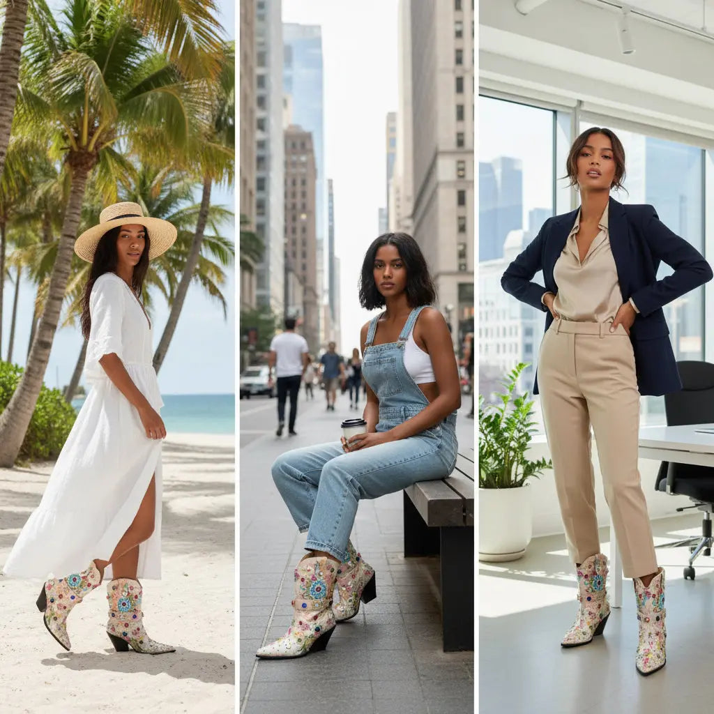 Tuhoomall Western Floral Embroidered Rhinestone Mid Calf Boots for Women, Chunky Heel, Water-Resistant Satin, Stylish for Spring Autumn Winter Tuhoomall