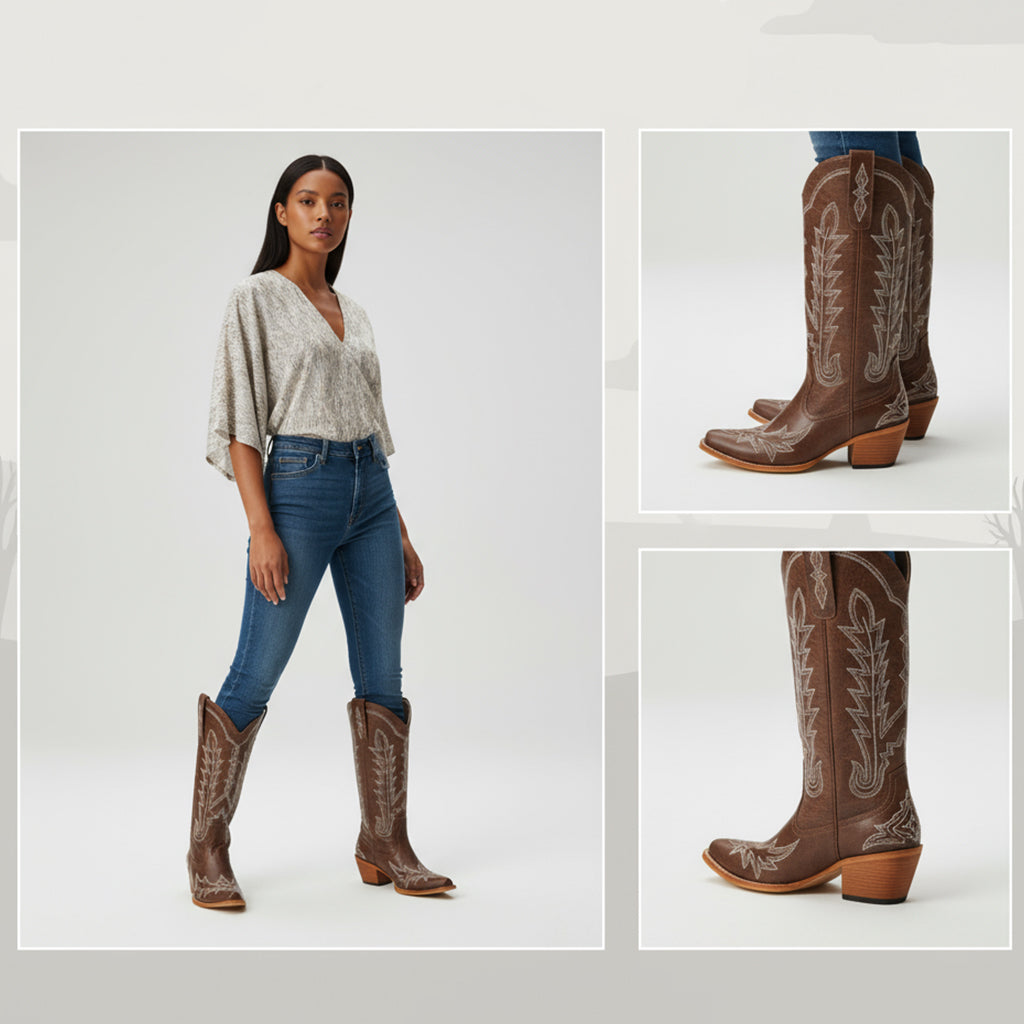 Tuhoomall Embroidered Mid-Calf Ankle Boots for Women | Stylish 5cm Block Heels, Slip-On Design for Parties and Casual Wear Tuhoomall