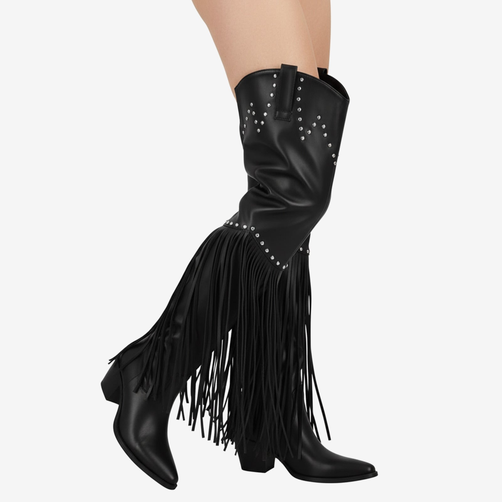 Tuhoomall Over-The-Knee High Heel Boots With Fringes And Studs For Party And Fashion Events