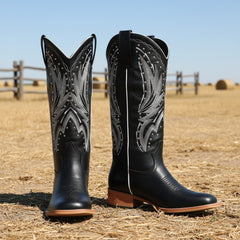 Tuhoomall Western Cowboy Women's Mid-Calf Boots - Comfortable Slip-On Design, Chunky Heel, Embroidered and Studded Style for Outdoor and Parties