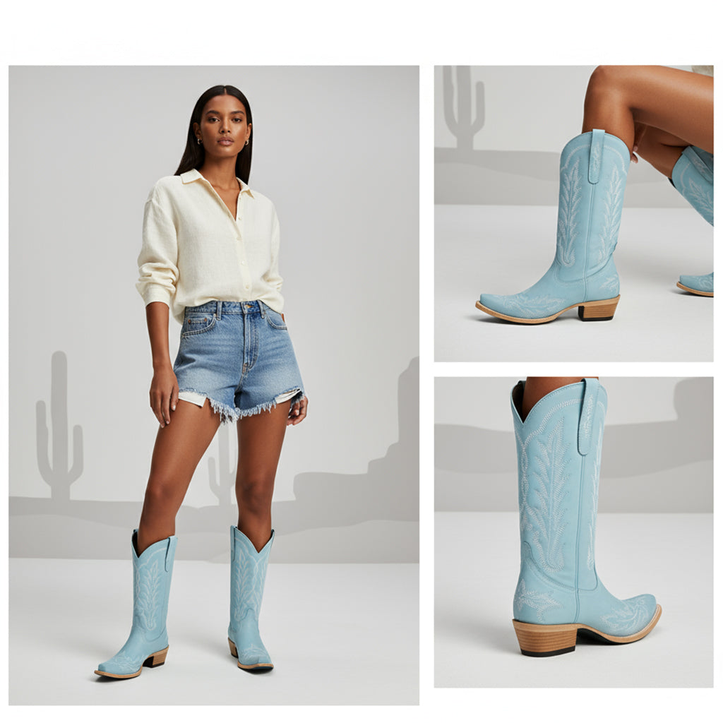 Tuhoomall Embroidered Mid-Calf Ankle Boots for Women | Stylish 5cm Block Heels, Slip-On Design for Parties and Casual Wear Tuhoomall