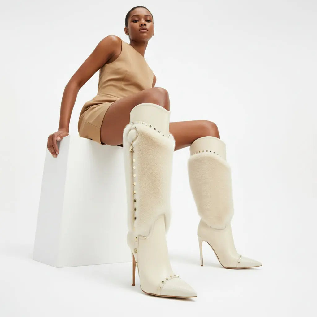 Tuhoomall Heel Fashion Boots for Women, Elegant Pointed Toe High Heels with Studs and Faux Fur, Ideal for Parties and Performances Tuhoomall