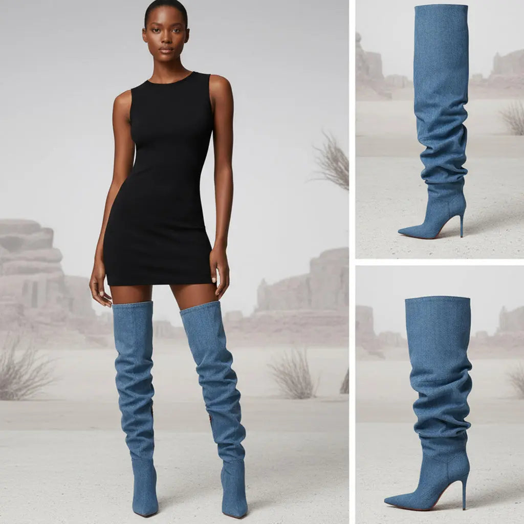 Tuhoomall Blue Denim Slouchy Pointy Thigh High Stiletto Heel Over Knee Boots For Women Tuhoomall