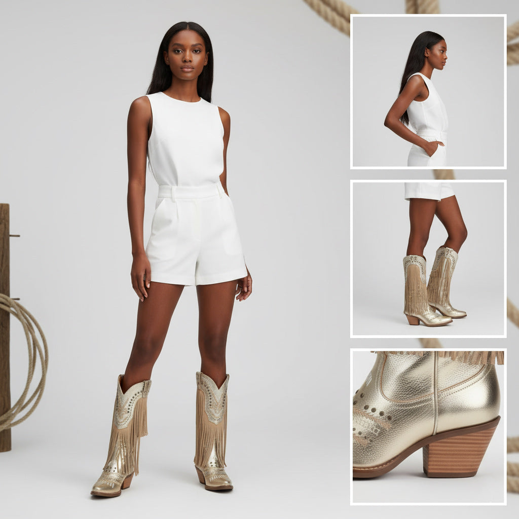 Tuhoomall Western Style Mid Calf Boots with Fringe and Studs - Comfortable Slip-On Design for Parties and Casual Outings Tuhoomall