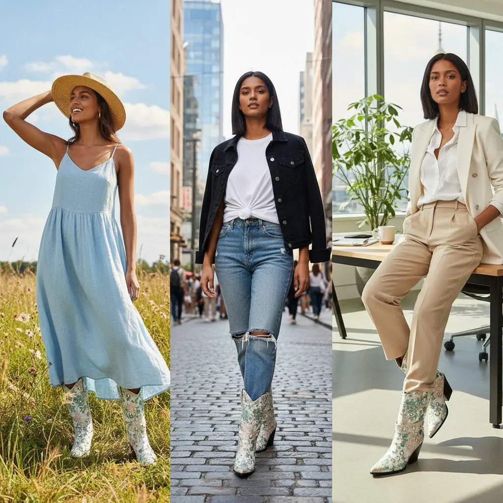 Tuhoomall Western Floral Embroidered Rhinestone Mid Calf Boots for Women, Chunky Heel, Water-Resistant Satin, Stylish for Spring Autumn Winter Tuhoomall