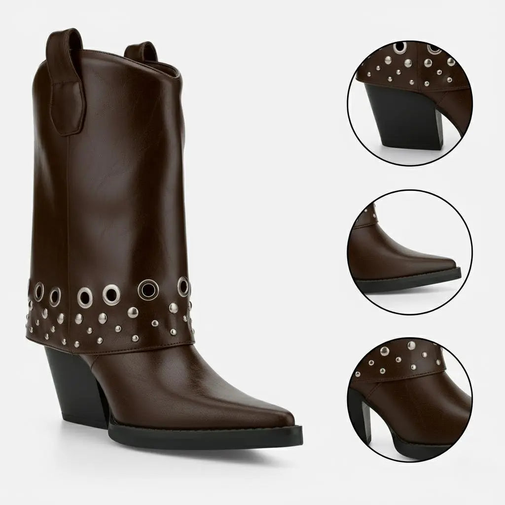 Tuhoomall Chic Ankle Boots With Geometric Pattern, Foldable Shaft, Metal Buckle, Chunky Heel For Casual And Outdoor Use Tuhoomall