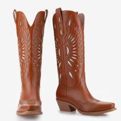 Tuhoomall Western Cowgirl Boots, Chunky Heel, Floral Inlay Design, Comfortable Slip-On Style for Casual Outings