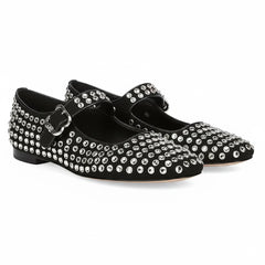 Tuhoomall Stylish Mary Jane Flats with Sparkling Studs, Pointed Toe, Low Heel for Fashionable Casual Wear