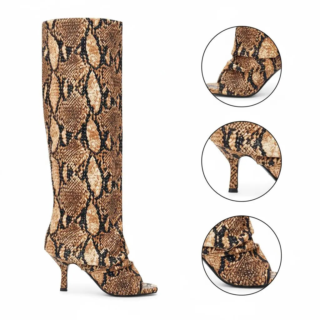 Tuhoomall Stylish Party Peep Toe Knee High Boots with Wrinkle Design and Rhinestone Accents for Trendy Casual Wear Tuhoomall