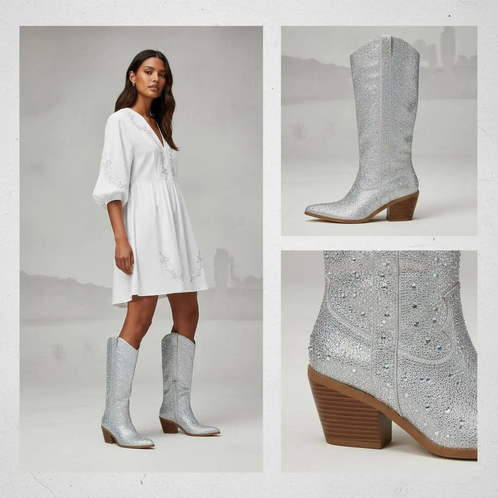 Tuhoomall Rhinestone Western Mid Calf Boots For Women - Chunky Heel & Easy Zip Closure, Stylish For Travel And Weddings Tuhoomall