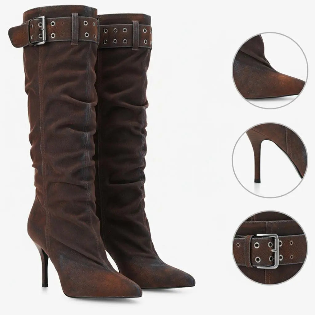 Tuhoomall Style Knee High Boots with Pointed Toe, 9cm Stiletto Heel, Perfect for Parties and Performances, Vintage and Stylish Design Tuhoomall