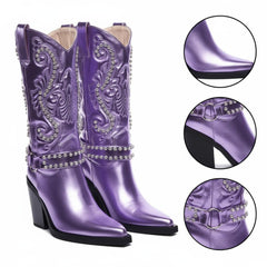 Tuhoomall Metallic Rhinestone Western Boots For Women - Pointed Toe, Block Heel, Fashion Statement For Parties, Made Of Vegan Leather And Embroidered Details