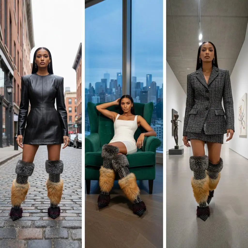 Tuhoomall  Stylish Over-the-Knee Chunky Heeled Boots for Parties and Performances with Faux Fur and Studs Tuhoomall