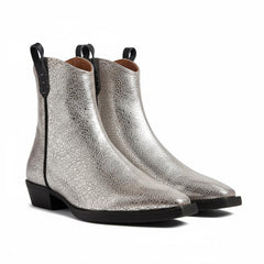 Tuhoomall Metallic Silver Chunky Heel Ankle Boots - Stylish Snip Toe Design, Effortless Slip-On, Perfect for Casual and Office Wear