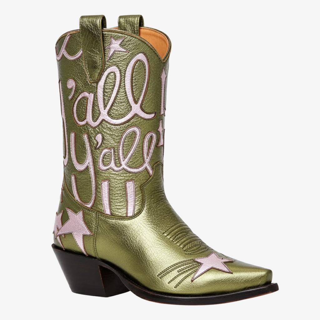 Tuhoomall Comfortable Western Boots for Fashion Parties and Daily Wear with Star and Letter Embroidery, Chunky Heel, Slip-On Design Tuhoomall