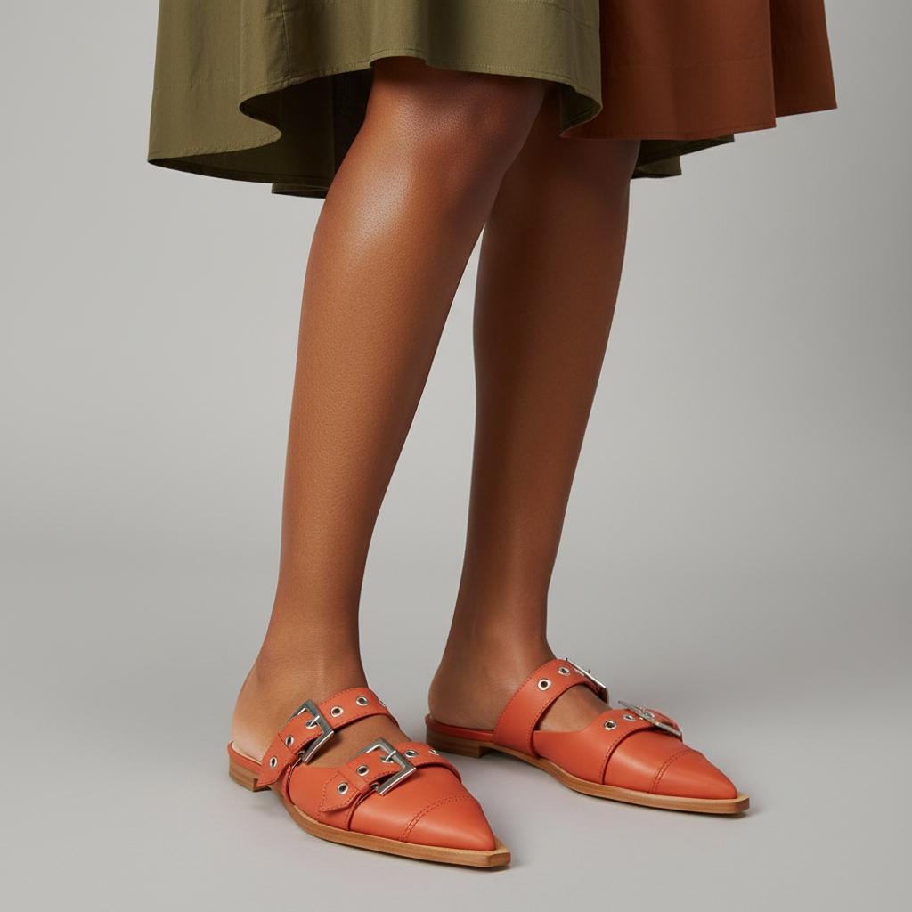 Tuhoomall Comfortable Pointed-Toe Mule Sandals for Summer Travel | Adjustable Metal Button Design | Casual Street Style Tuhoomall