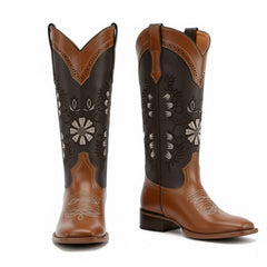 Tuhoomall Western Style Low Heel Ankle Boots with Floral Stitching - Perfect for Casual Office Wear and Everyday Fashion - Durable Rubber Sole and Leather Upper