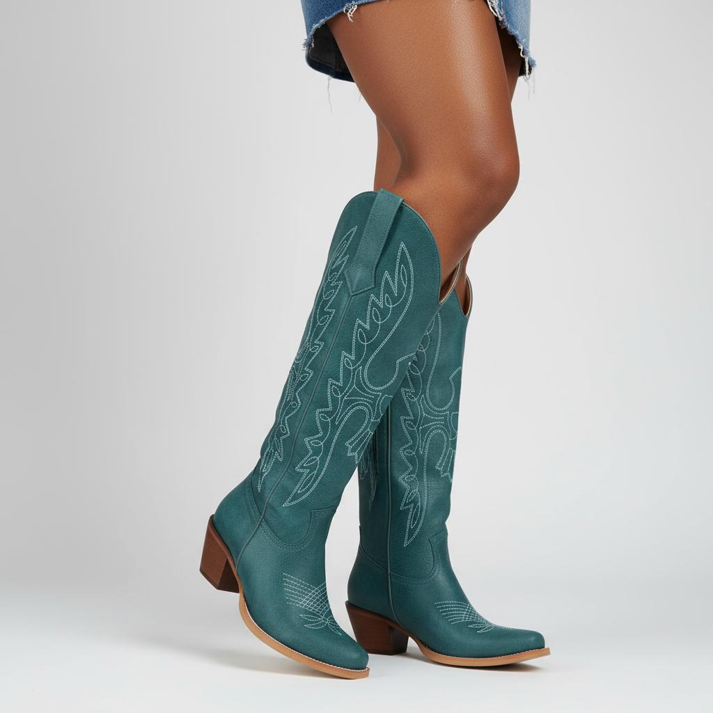 Tuhoomall Western Knee-High Boots for Women, Comfortable Suede Leather with Animal Embroidery, Perfect for Fashion and Casual Travel Activities Tuhoomall