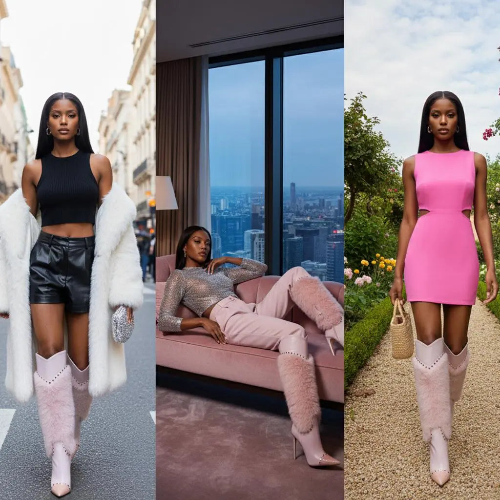 Tuhoomall Heel Fashion Boots for Women, Elegant Pointed Toe High Heels with Studs and Faux Fur, Ideal for Parties and Performances Tuhoomall