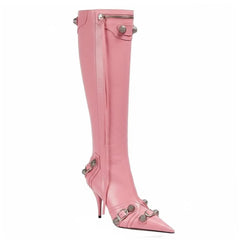 Tuhoomall Comfortable Knee-High Fashion Boots with Zip and Studded Design, 10cm High Heel for Parties, Weddings, and Everyday Stylish Looks