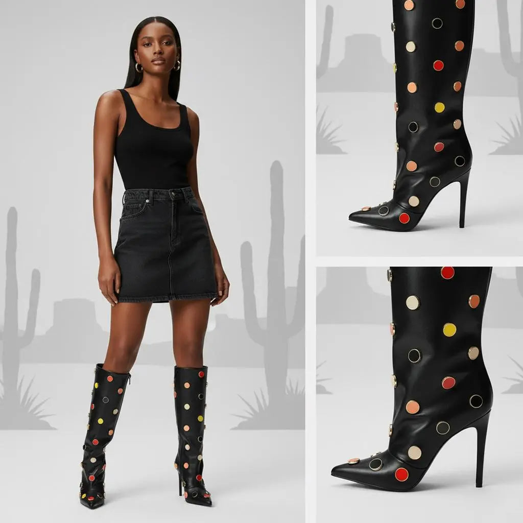 Tuhoomall Stunning over-the-knee High Heels Womens Boots with Polka Dot Pattern for Parties and Performances, Synthetic Leather, 12cm Heel Tuhoomall