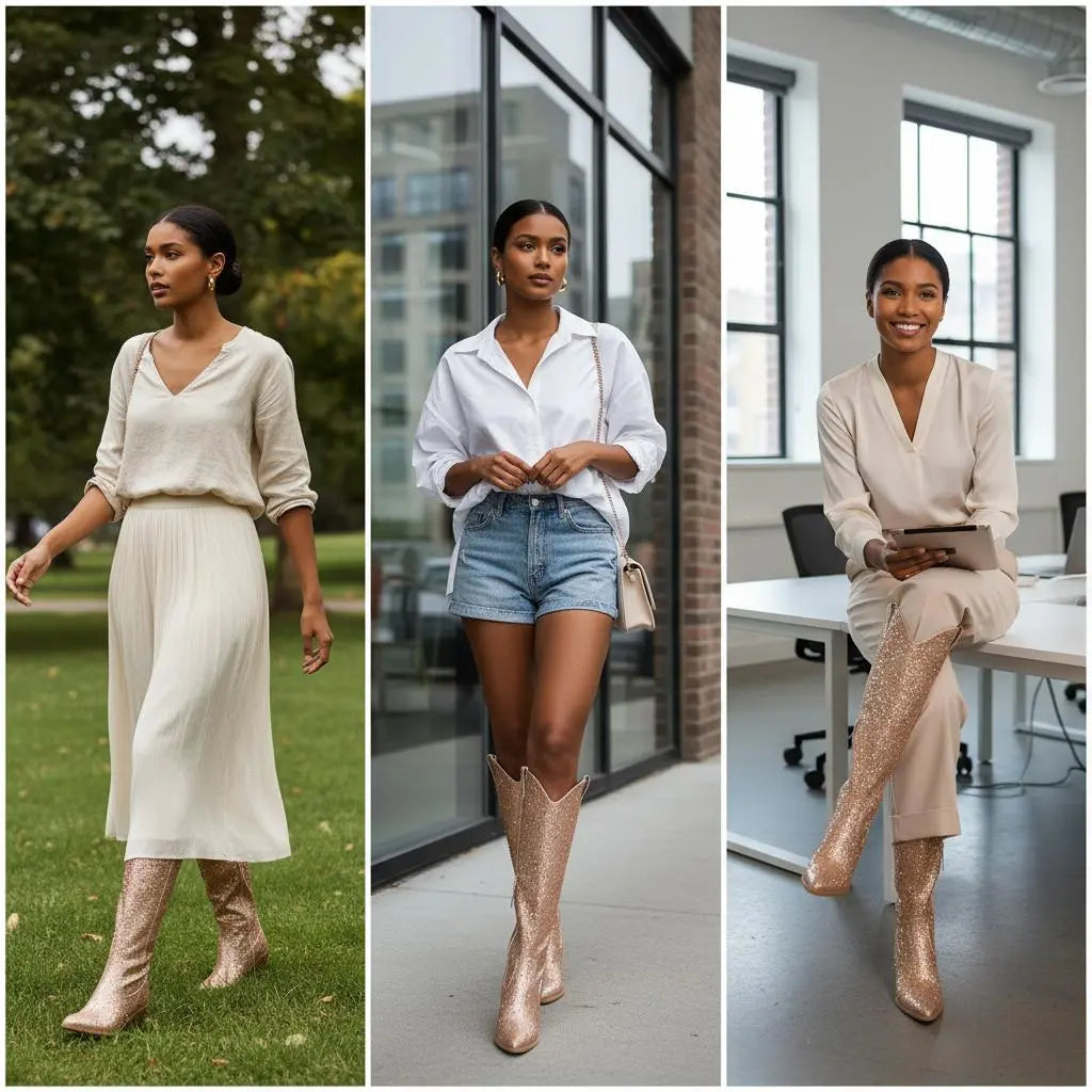 Tuhoomall Western Over-Knee Cowboy Boots With Chunky Heel, Rhinestone-Studded Vegan Leather, Casual All-Season Style, Round Toe, Zipper Closure Tuhoomall