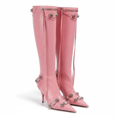 Tuhoomall Comfortable Knee-High Fashion Boots with Zip and Studded Design, 10cm High Heel for Parties, Weddings, and Everyday Stylish Looks