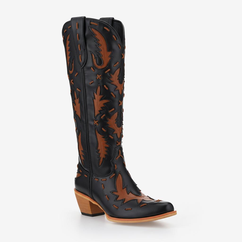 Tuhoomall Western Knee-High Cowboy Boots With Chunky Heel, Stylish Suede , Chic Patchwork Design For Comfort In Casual Outfits