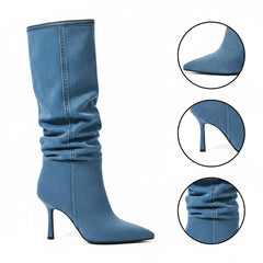 Tuhoomall Slouch Mid Calf Boots For Parties & Performances, Pointed-Toe, Flared Heel, Classic Denim Design, 3.54 in Heel Height