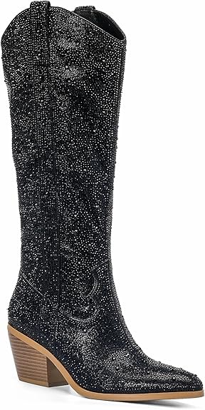 Tuhoomall Rhinestone Western Mid Calf Boots For Women - Chunky Heel & Easy Zip Closure, Stylish For Travel And Weddings