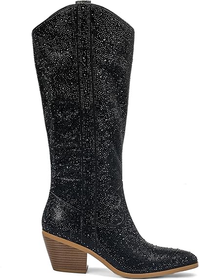 Tuhoomall Rhinestone Western Mid Calf Boots For Women - Chunky Heel & Easy Zip Closure, Stylish For Travel And Weddings
