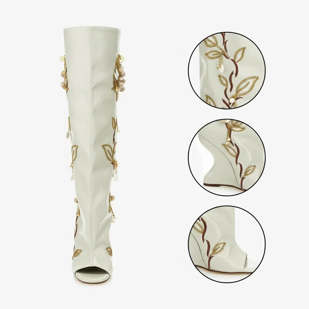 Tuhoomall Over-The-Knee Floral Embellished Heeled Boots for Party and Dance - Stylish Slip-On Design with Rhinestone and Sequin Detail Tuhoomall