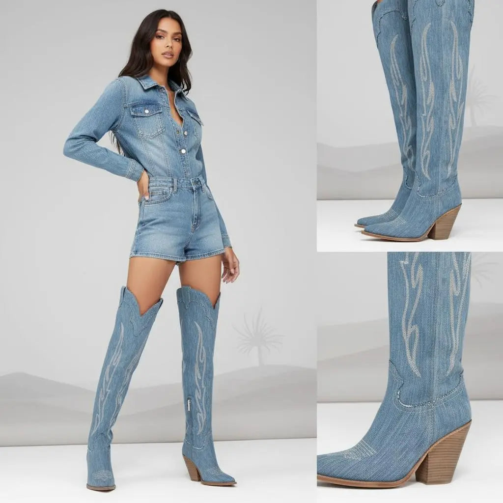 Tuhoomall Vintage Embroidered Knee-High Cowboy Boots for Women, Chunky Heel, Rubber Sole, Faux Suede Lining, Casual Fashion for Spring & Autumn Tuhoomall