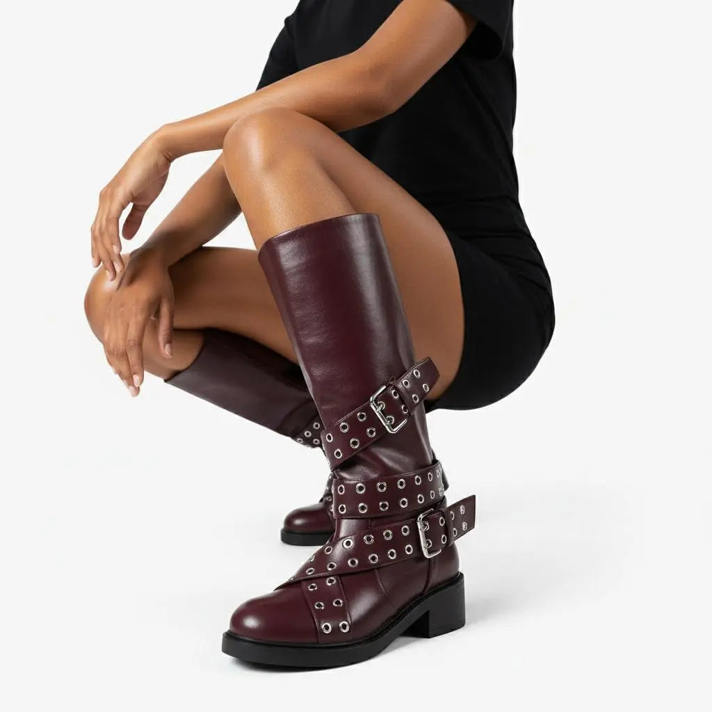 Tuhoomall Knee-High Stylish PU Combat Boots for Women with Adjustable Buckles and Metallic Accents, Casual and Formal Wear, Comfortable Low Chunky Heel Tuhoomall