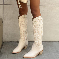 Tuhoomall Embroidered Mid Calf Boots Pointed Toe Zipper Chunky Heeled Western Boots