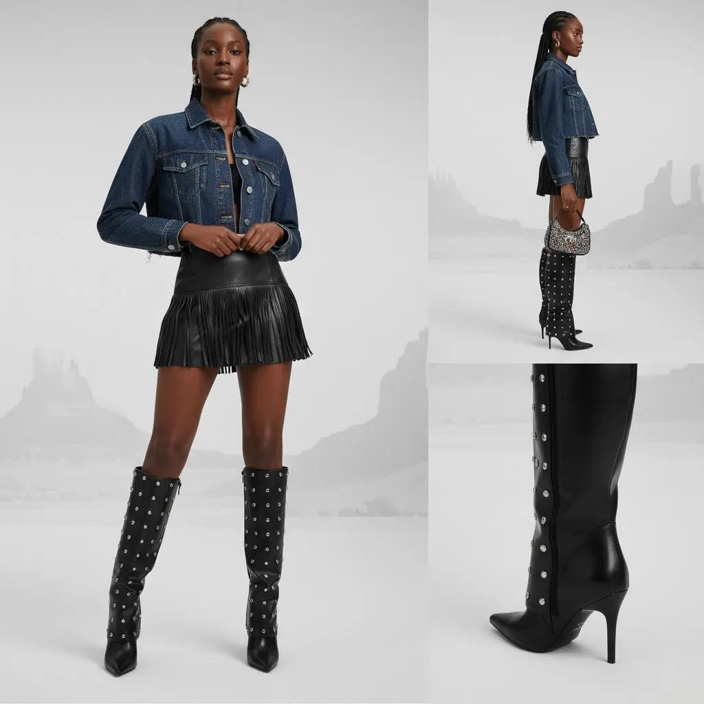 Tuhoomall Foldable Knee High Boots with Studs and Polka Dot Design for Outdoor Fashion Casual Style Tuhoomall