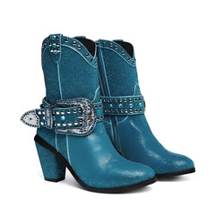 Tuhoomall Chunky Heel Pointed Toe Ankle Booties with Studs and Rhinestones for Fashion, Parties, and Casual Outings