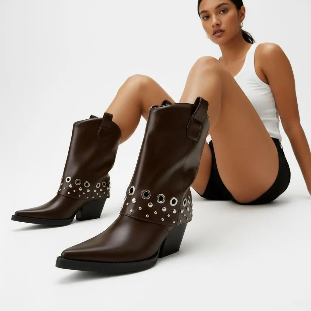 Tuhoomall Chic Ankle Boots With Geometric Pattern, Foldable Shaft, Metal Buckle, Chunky Heel For Casual And Outdoor Use Tuhoomall