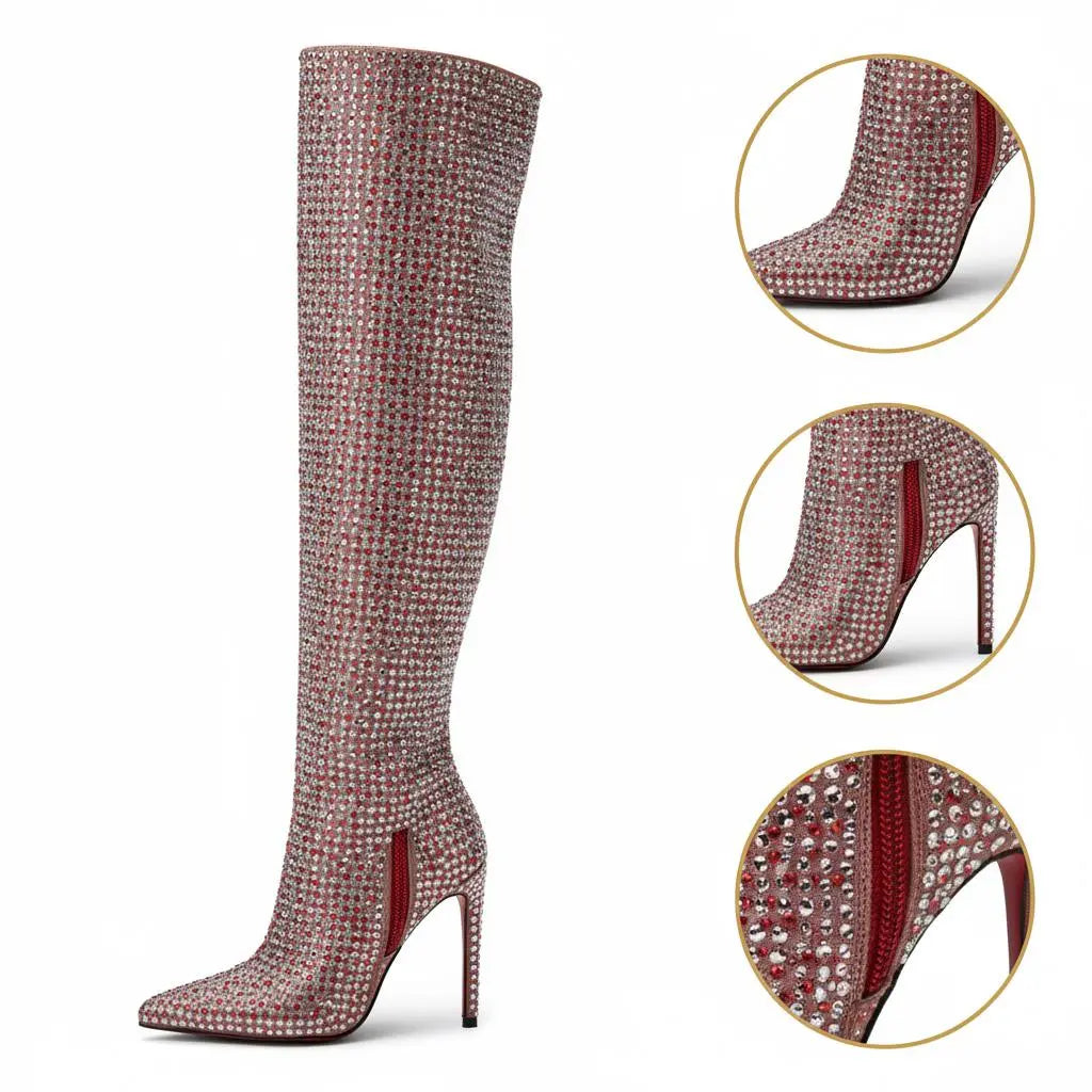 Tuhoomall Over-The-Knee Party Boots with Polka Dot Rhinestones, 12cm Stiletto Heels for Fashionable Evening Wear Tuhoomall