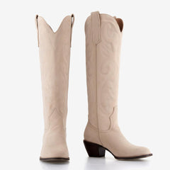 Tuhoomall Western Style Knee-High Boots with Embroidery, Casual Faux Suede, 5cm Chunky Heel, Perfect for All Seasons and Everyday Wear