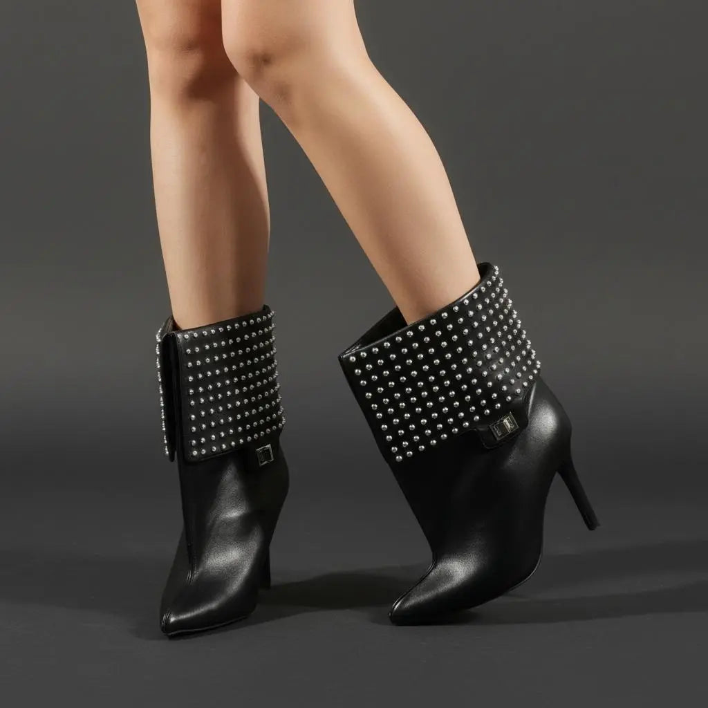 Tuhoomall Pointed Toe Ankle Boots with Studded Design and High Heel for Fashionable Casual Outfits, Parties, and Events Tuhoomall