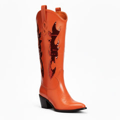 Tuhoomall Comfortable Western Boots with Sequins and Floral Design for Stylish Parties, Runway Shows, and Casual Outings - Knee-High Chunky Heel